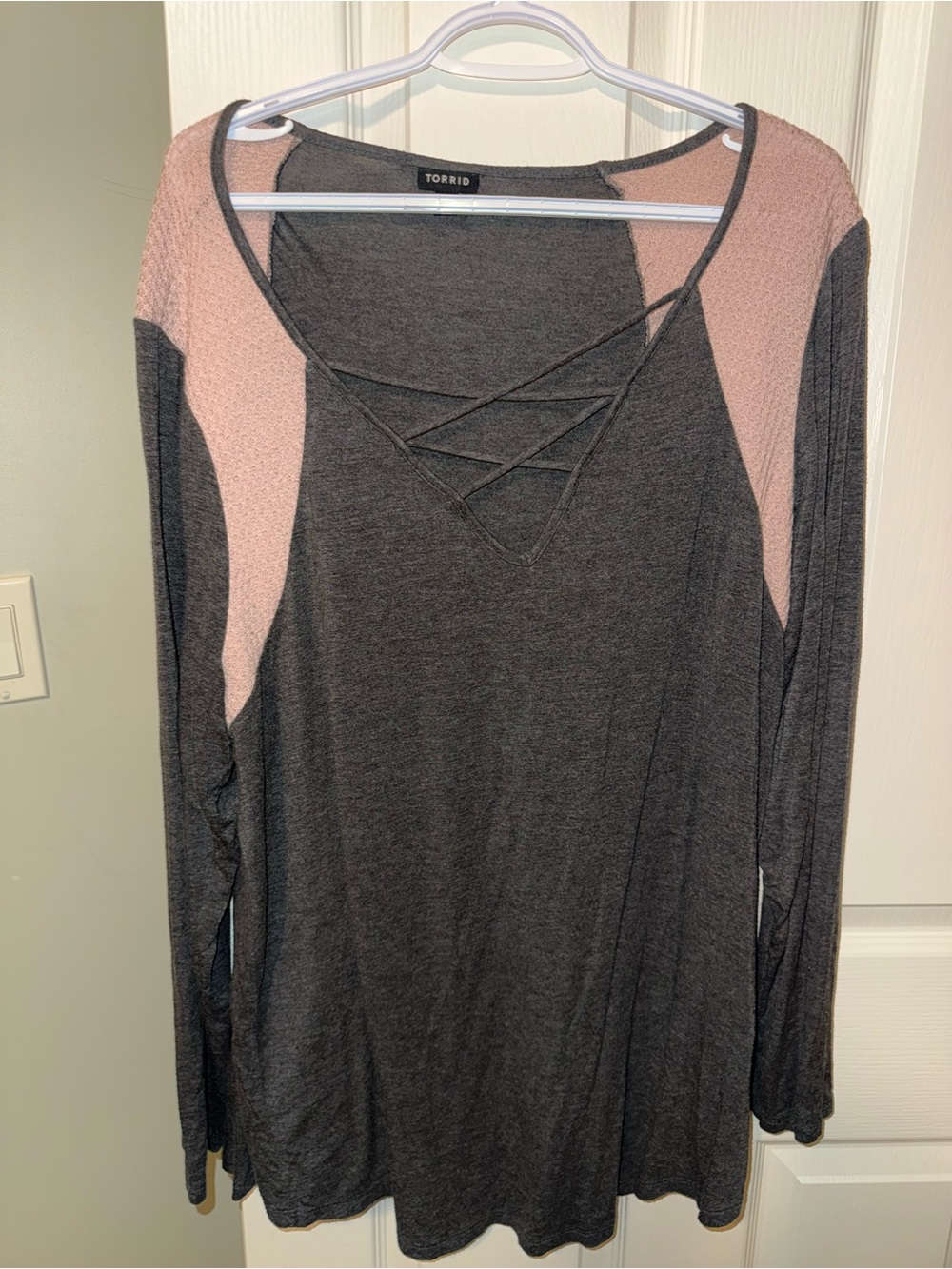 torrid Charcoal Gray & Blush Crisscross V-Neck Long Sleeve Top